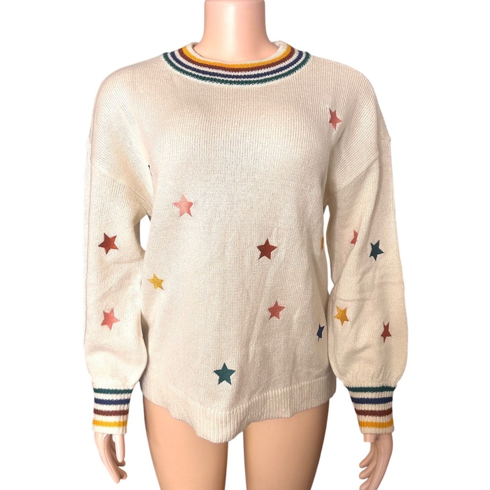 Maurices Women's Star Print Rainbow Stripe Knit Crew Neck Sweater Size M NWT